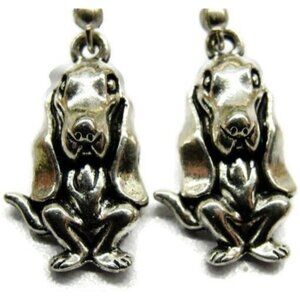 Dog Bassett Hound Silver Tone Vertical Drop Dangle Hook Earrings Womans